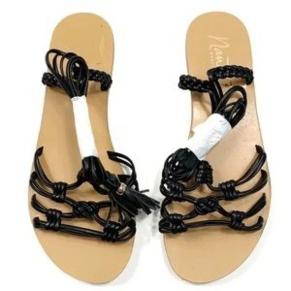 Nanette Lepore “June” Black Wrap Sandals Flats Size 7.5 Fairycore Whimsigoth